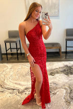 Vestido de fiesta de sirena con un solo hombro y encaje con limo