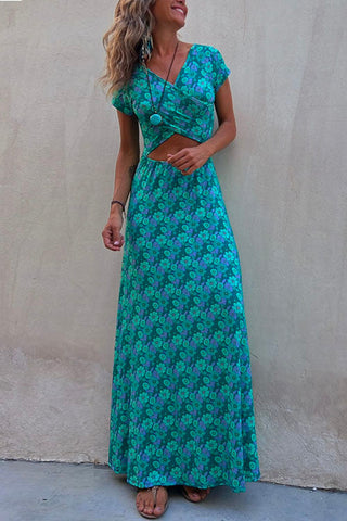 Vestido largo Meridress con estampado floral, manga corta y dos bolsillos laterales
