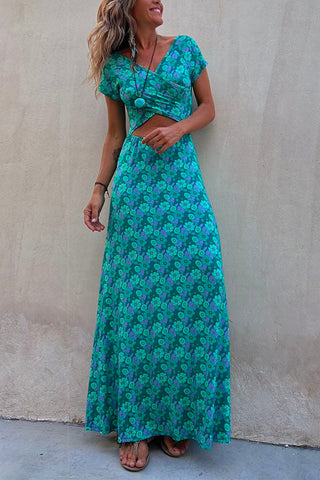 Vestido largo Meridress con estampado floral, manga corta y dos bolsillos laterales
