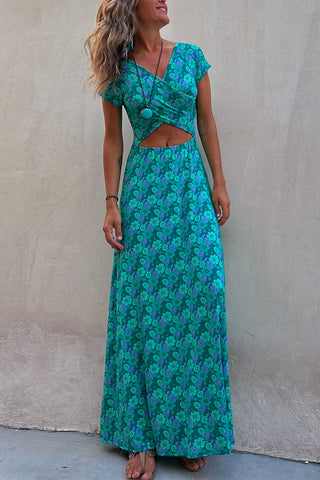 Vestido largo Meridress con estampado floral, manga corta y dos bolsillos laterales