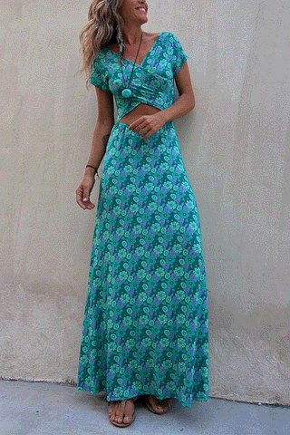 Vestido largo Meridress con estampado floral, manga corta y dos bolsillos laterales