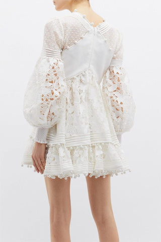 Lantern Sleeve V-Neck Lace Mini Dress White