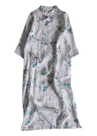 Elegante vestido cheongsam de lino con cuello alto y abertura lateral con estampado blanco para verano 