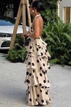 Knit Polka Dot Halter Backless Ruffle Maxi Dress