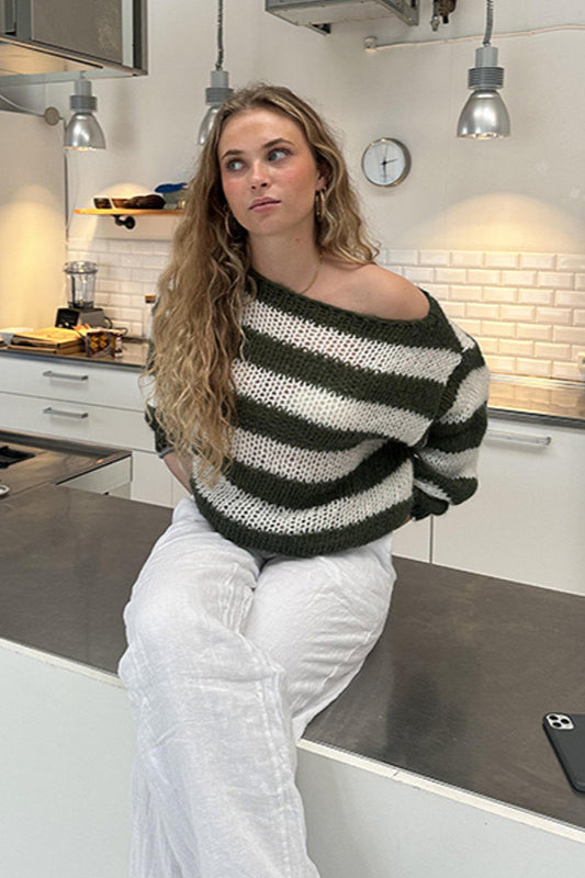 Slouchy Striped Crewneck Loose Long Sleeve Knit Sweater