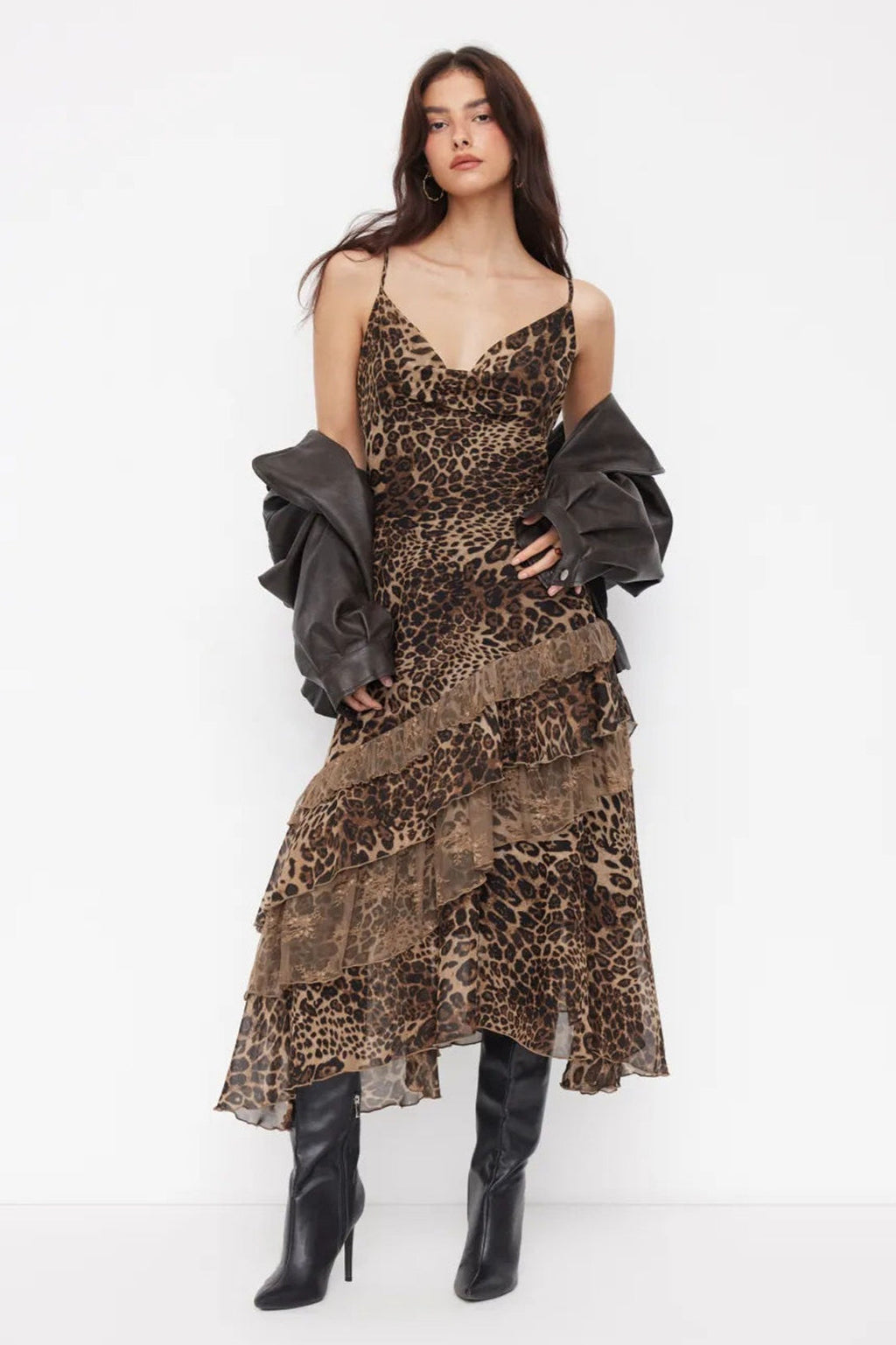 Lace Leopard Print Layered Maxi Dress