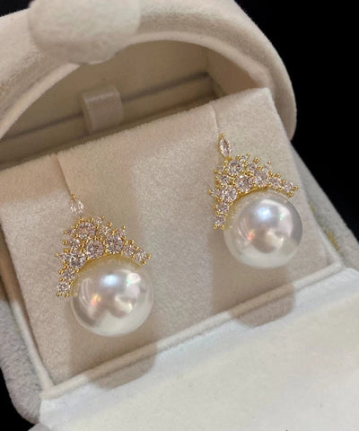 Modern Gold Copper Alloy Zircon Crown Pearl Stud Earrings