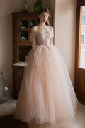 A-Linien-Prinzessinnenkleid aus rosa Tüll, schulterfrei, perlenbesetzt, langes Partykleid, Tüll-Abendkleid