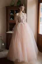 A-Linien-Prinzessinnenkleid aus rosa Tüll, schulterfrei, perlenbesetzt, langes Partykleid, Tüll-Abendkleid
