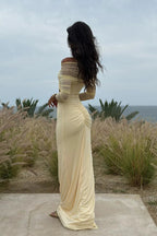 Sheer Mesh Cutout Off Shoulder Patchwork Maxi Dress