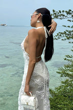 Jacquard Strapless Halter Maxi Dress