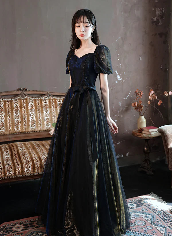 Vestido de noche largo de tul con brillo, corte en A, manga corta, para baile de graduación