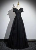 Glitter Off Shoulder A-line Tulle With Lace Party Dress Long Prom Dress
