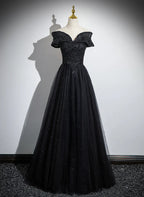Glitter Off Shoulder A-line Tulle With Lace Party Dress Long Prom Dress