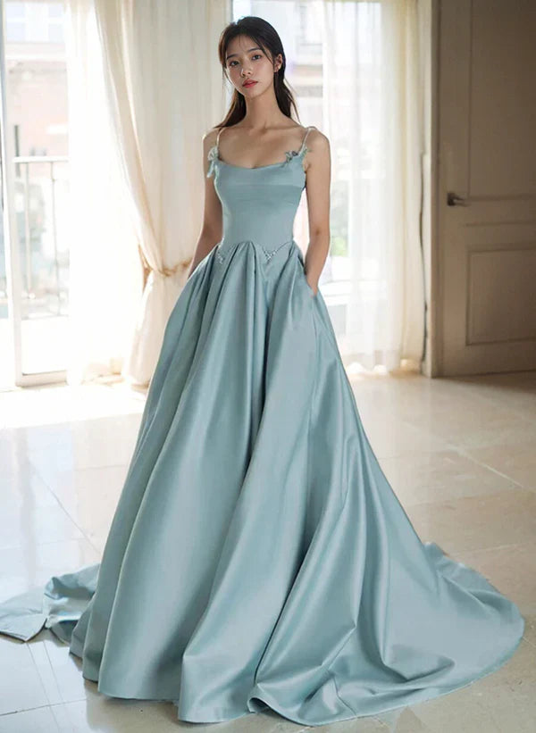 A-Linien-Satin-Abendkleid mit Perlenapplikationen, Ballkleid, Satin-Abschlussballkleid mit Schleppe