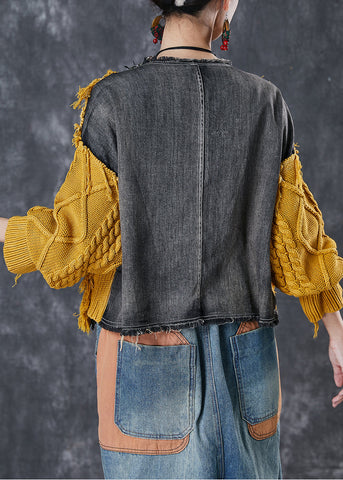 Kunst Gelb Übergroße Patchwork Taschen Strickpullover Winter 