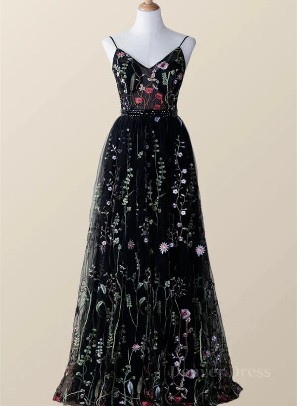 Vestido largo de fiesta de noche con escote en V y tul floral negro