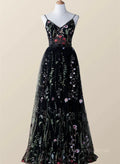 Vestido largo de fiesta de noche con escote en V y tul floral negro