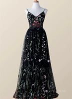 Vestido largo de fiesta de noche con escote en V y tul floral negro
