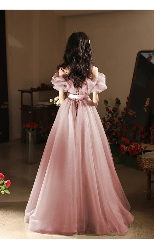 Vestido de fiesta de tul con hombros descubiertos, corte princesa y línea A, para graduación