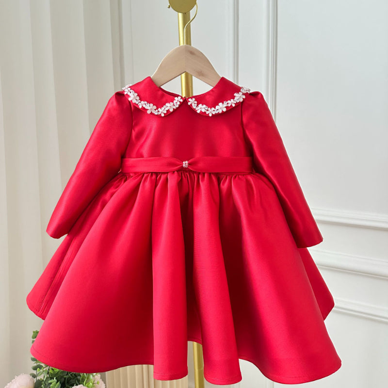 Lindo vestido de princesa rojo con cuello de muñeca de flores para niña, vestido de primera comunión para niña pequeña 