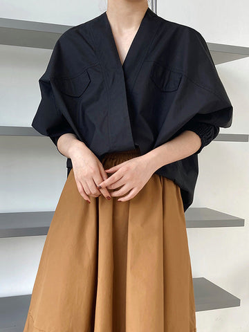 Trendy Fledermausärmel Einfarbige Blusen mit V-Ausschnitt 