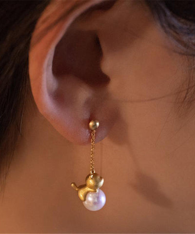 Chinese Style Gold Sterling Silver Overgild Pearl Little Cat Drop Earrings