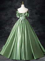 Satin schulterfreies langes Partykleid A-Linie Grünes Ballkleid Quinceañera-Kleid
