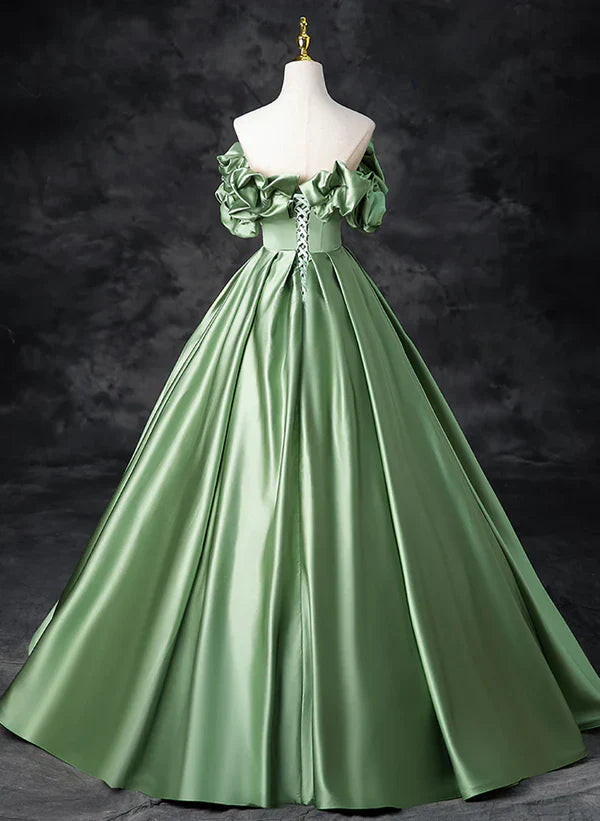 Satin schulterfreies langes Partykleid A-Linie Grünes Ballkleid Quinceañera-Kleid