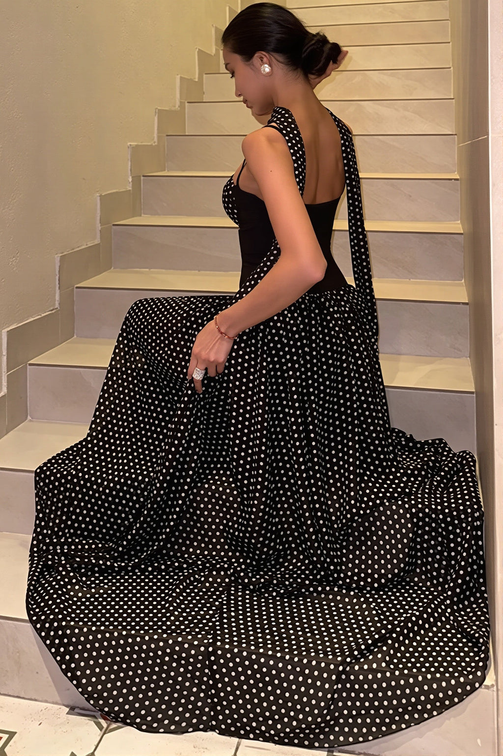 Strapless Cutout Back Ribbon Dot Print Cami Maxi Dress