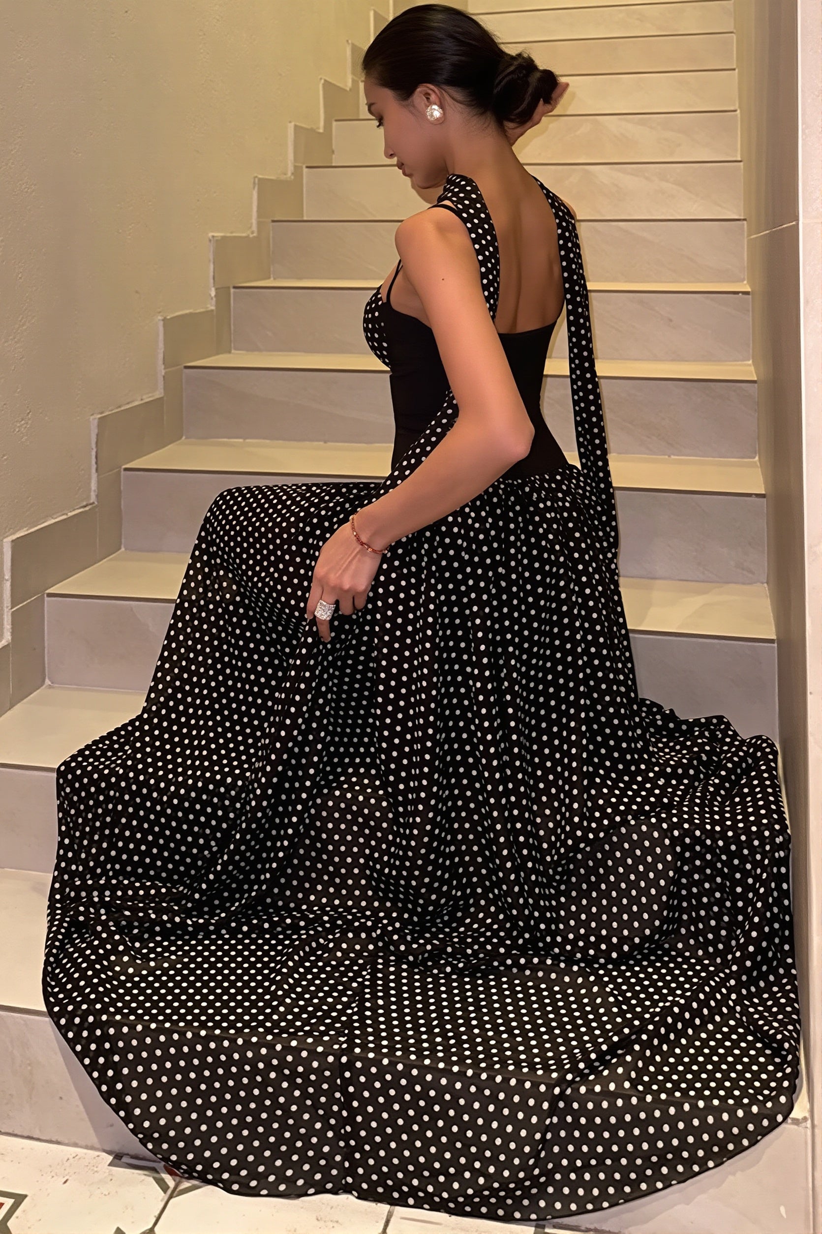 Strapless Cutout Back Ribbon Dot Print Cami Maxi Dress