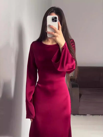 Tossy Elegant Satin High Waist Women Maxi Dress Bell Sleeve Lace Up Slim Banquet Mermaid Bodycon Dresses Throbbing in Autumn