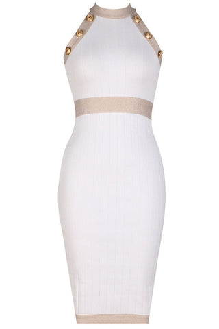 Vestido midi ajustado sin mangas con botones metálicos en contraste de estilo militar - Blanco 