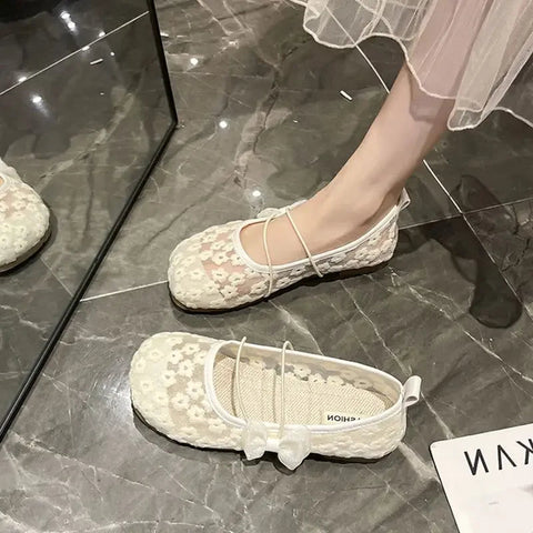 Off-white Mesh Japanese Style Lolita Cute Gothic Shoes for Women Kawaii Flat Flats Low Heel Elegant Round Toe Mary Jane on Offer