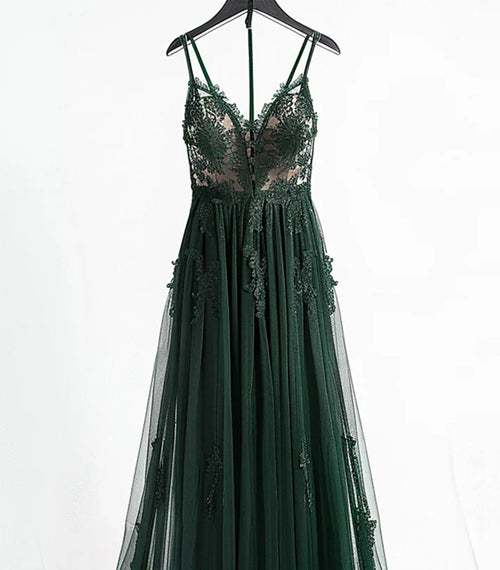 A-line V-neckline Spaghetti Strap Tulle with Lace Prom Dress Evening Dress