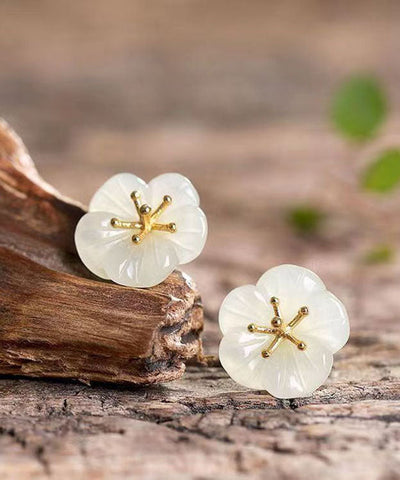 Pendientes DIY de flor de ciruelo con incrustaciones de jade y plata de ley blanca dorada 