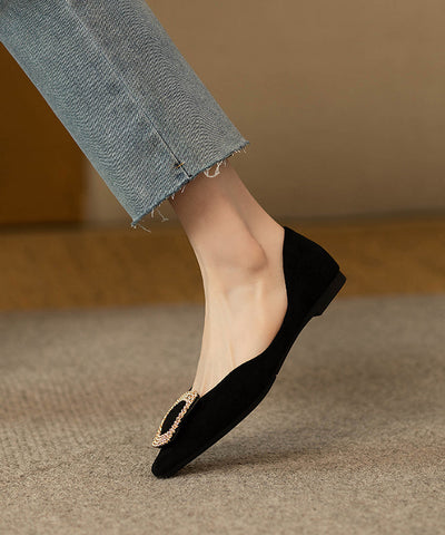 Handmade Zircon Splicing Flat Feet Shoes Black Suede