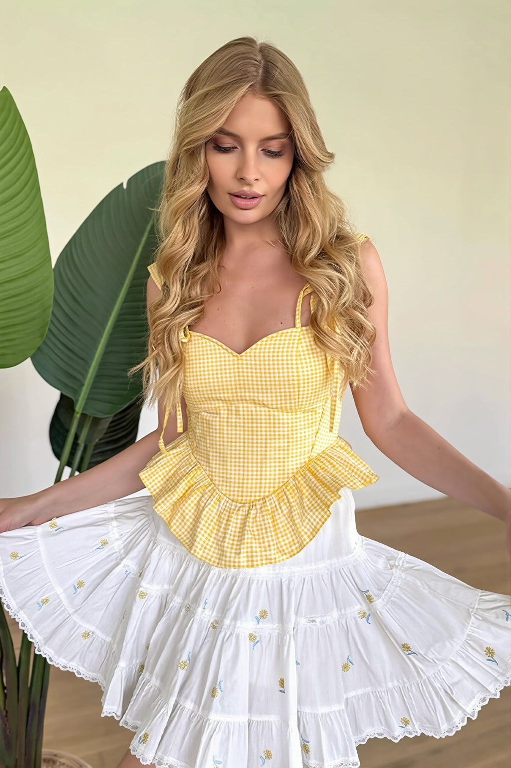Chic Gingham Ruffle Lace Up Waist Cinch Cami Top