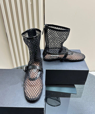 Boho Schwarze, ausgehöhlte, atmungsaktive Mesh-Stiefel mit Schnallenriemen 