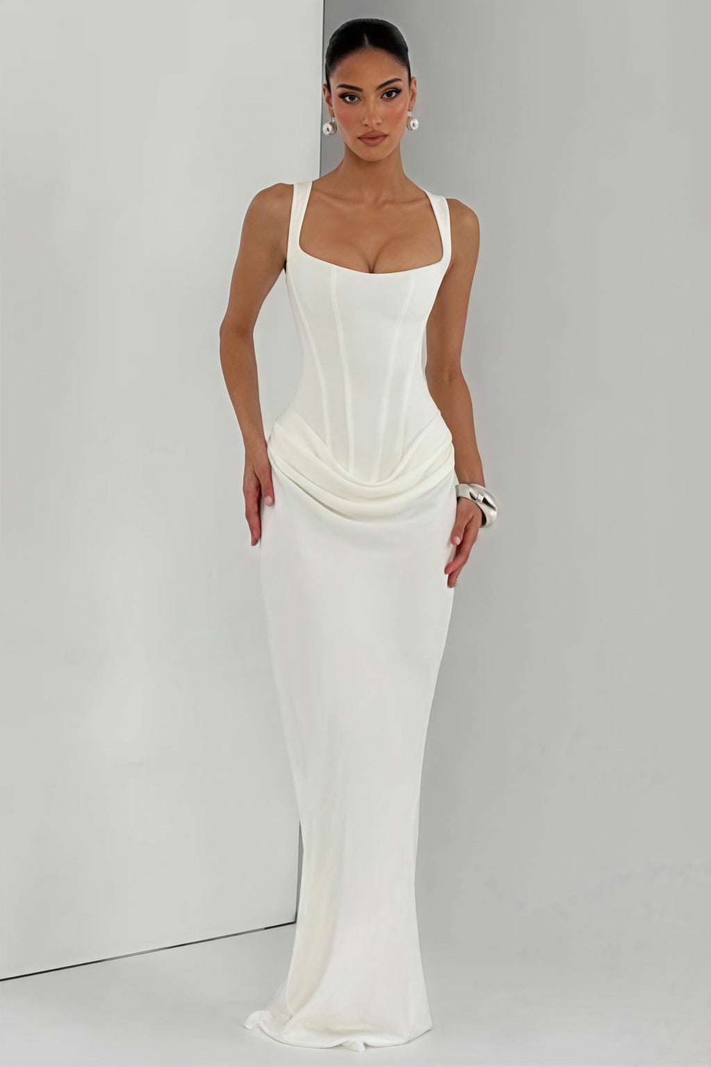 Sexy Ruched Spaghetti Strap Boned Waist Cinching Bodycon Maxi Dress