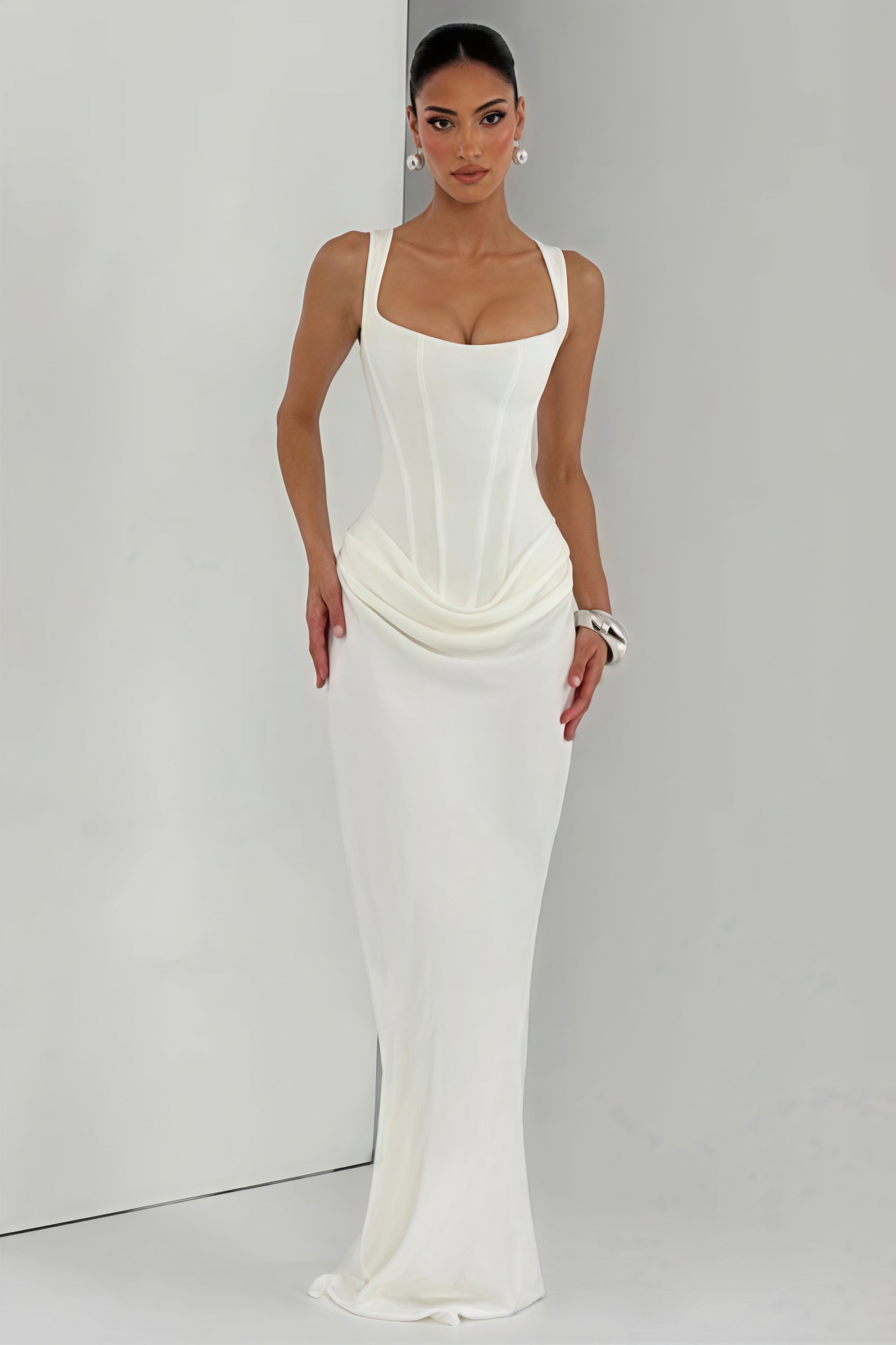 Sexy Ruched Spaghetti Strap Boned Waist Cinching Bodycon Maxi Dress