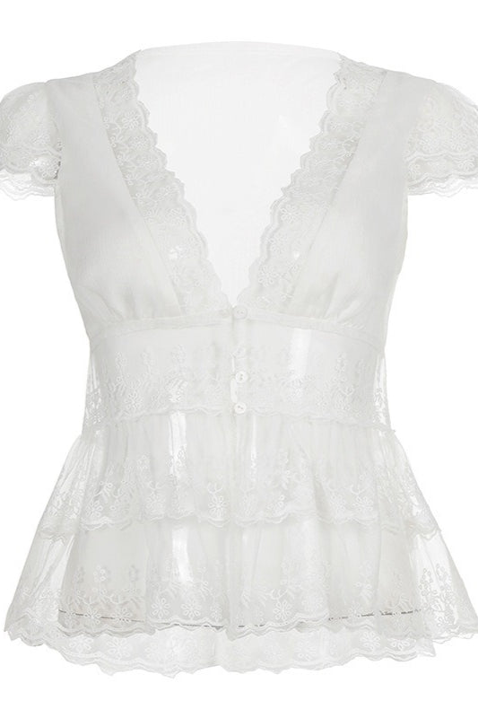 Elegant Solid Lace V Neck Sheer Blouse