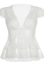Elegant Solid Lace V Neck Sheer Blouse