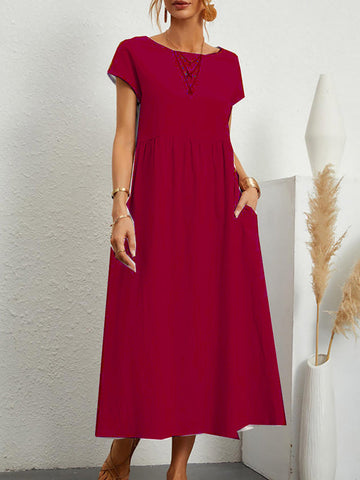 Vestidos midi holgados de manga corta, plisados, de color liso y cuello redondo 