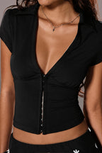 V Neck Button Elastic Slim Crop Blouse
