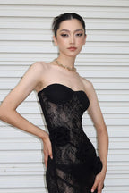 Sheer Lace Strapless 3D Floral Train Maxi Dress