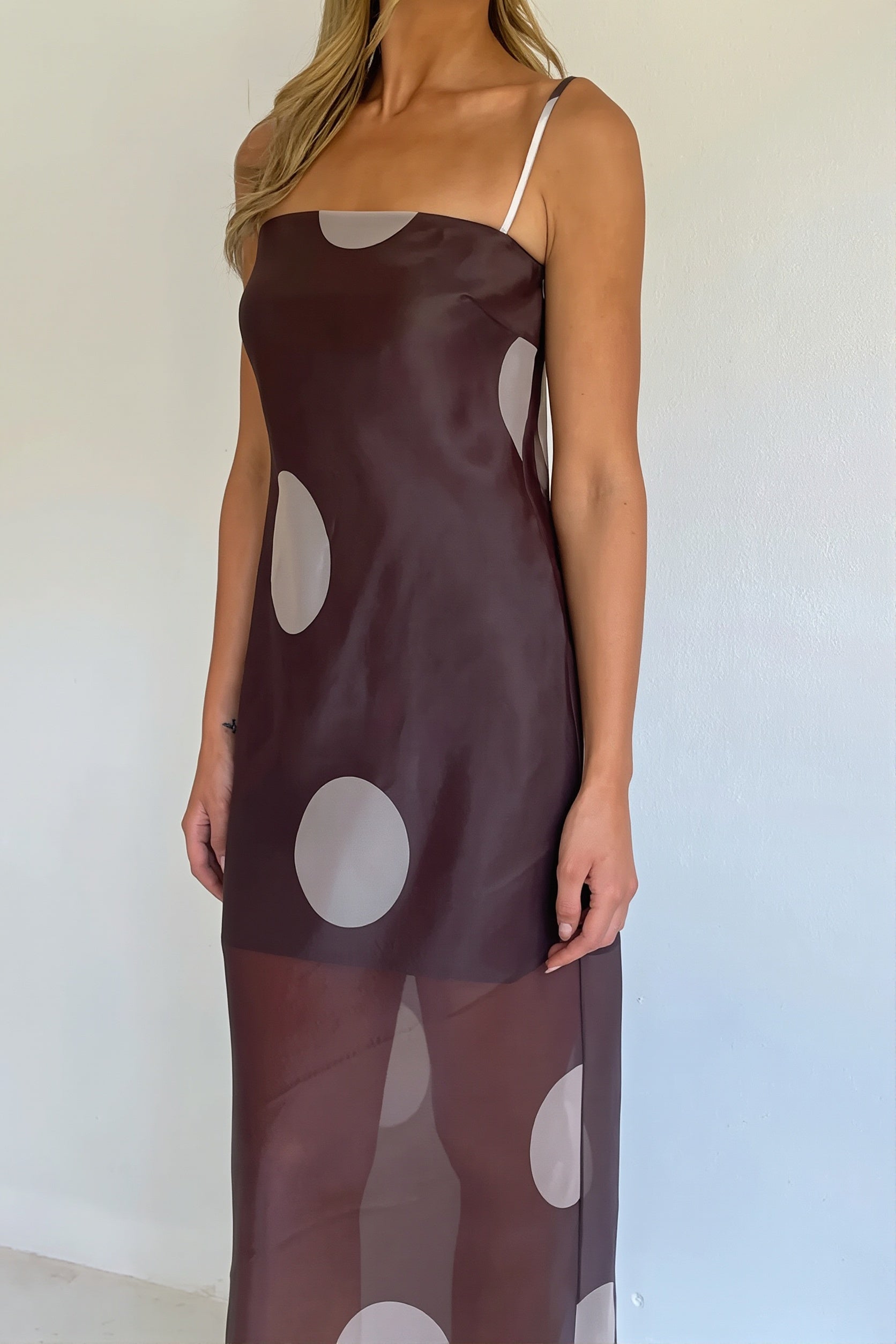 Elegant Polka Dot Strapless Sheer Slim Maxi Dress