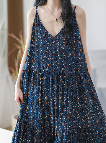 Women Vintage Floral Pleat V-Neck Loose Vest Dress