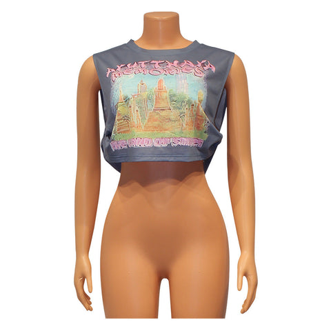 Summer Women Clothing Sexy Casual Printed Sleeveless Women Short T-shirt
