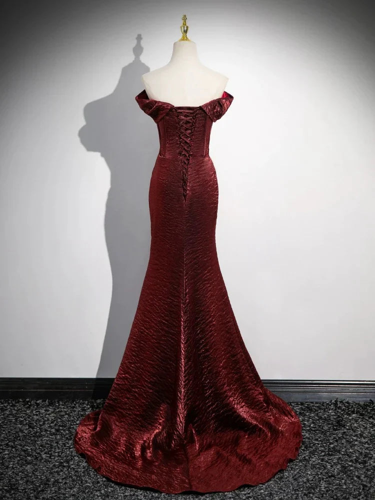 Mermaid Off Shoulder Satin Long Corset Prom Dress Formal Dress With Sweep Train